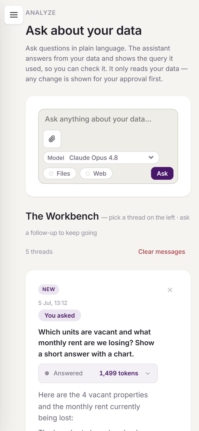 The Analyze workspace on a phone: the ask bar with a cited answer and the SQL receipt below.
