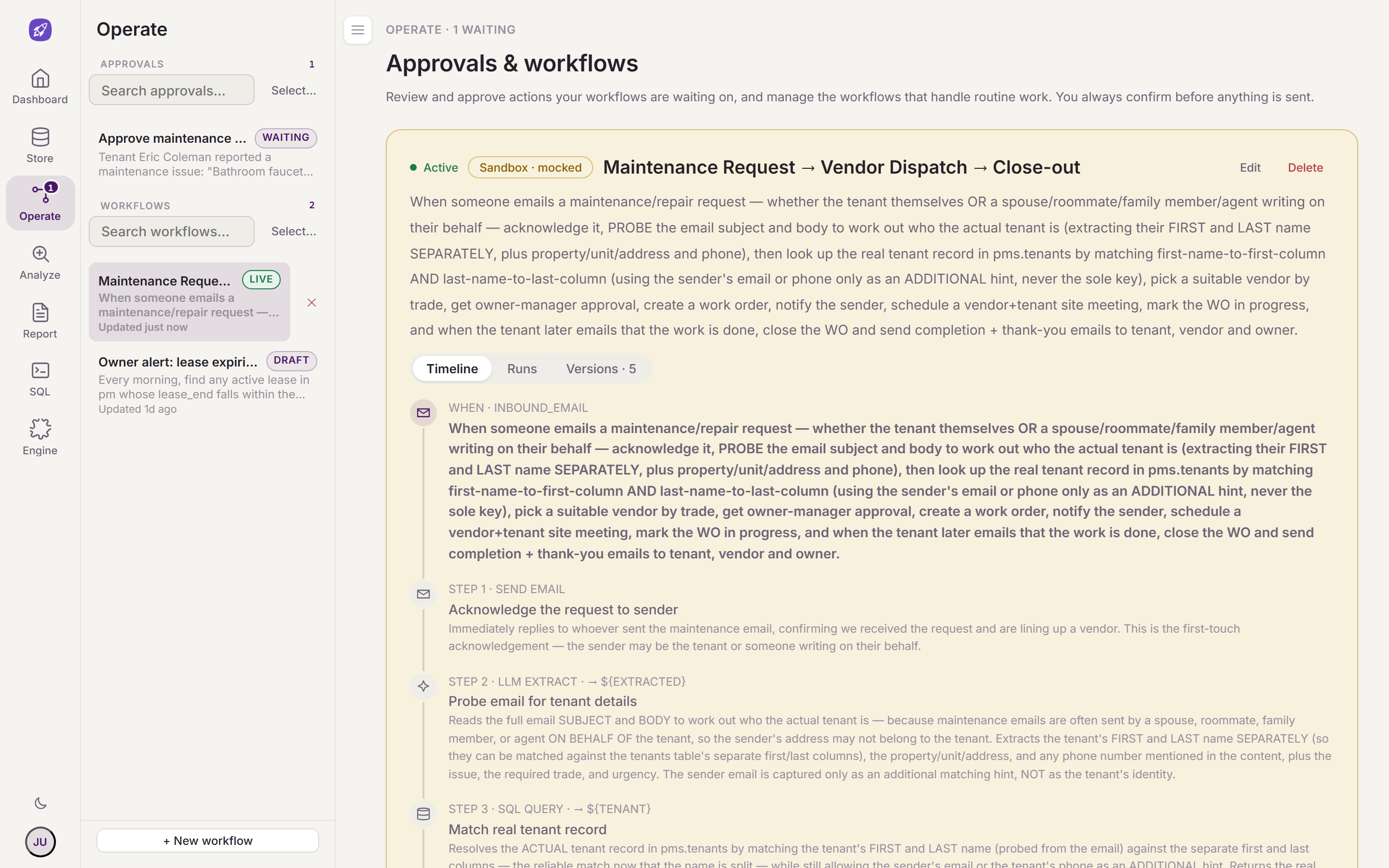 A maintenance work order triaged by SOAR, with a drafted vendor email and tenant SMS waiting for approval.