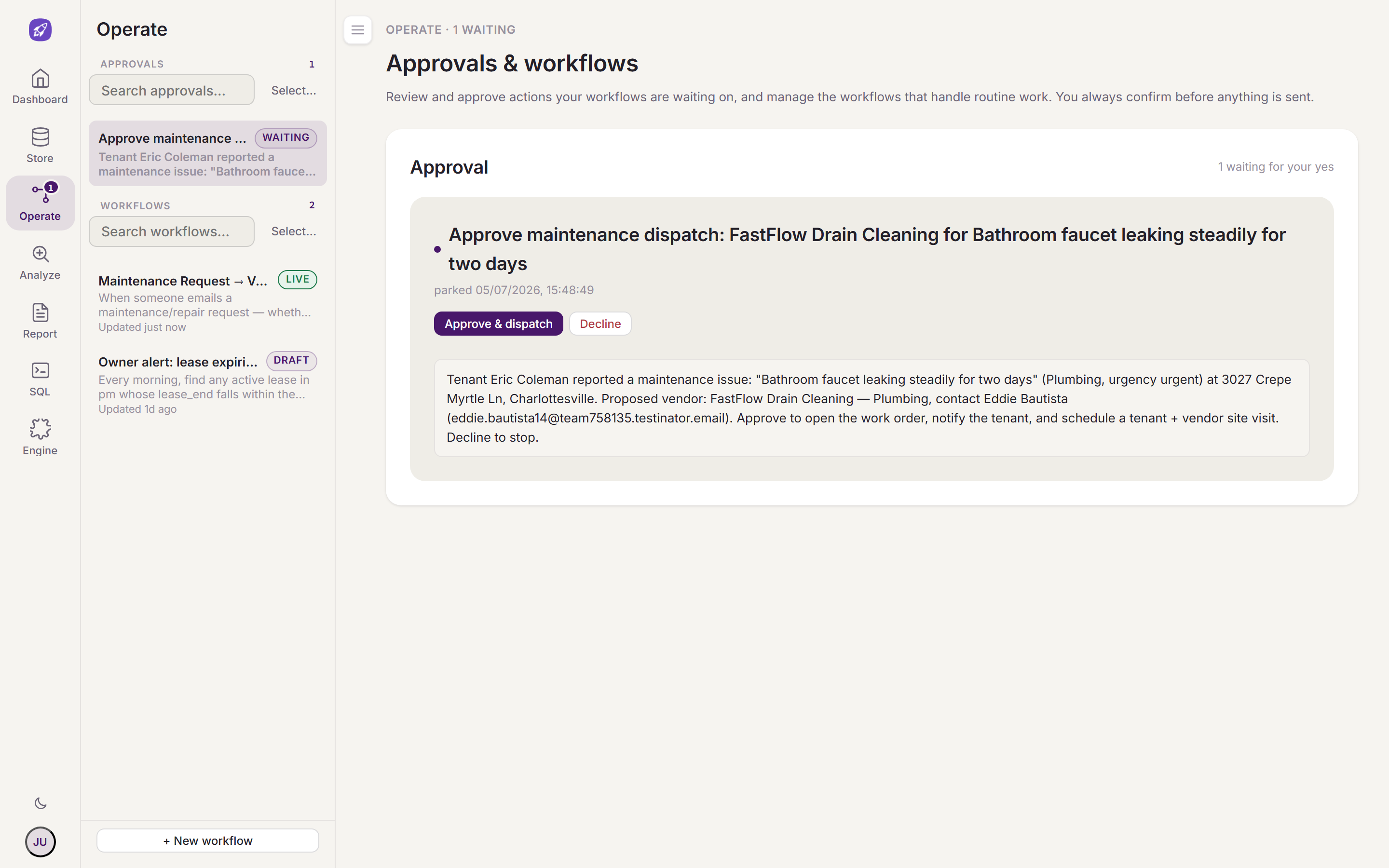 The full Operate workspace: workflows written as plain sentences, the approvals inbox, and the connections panel.