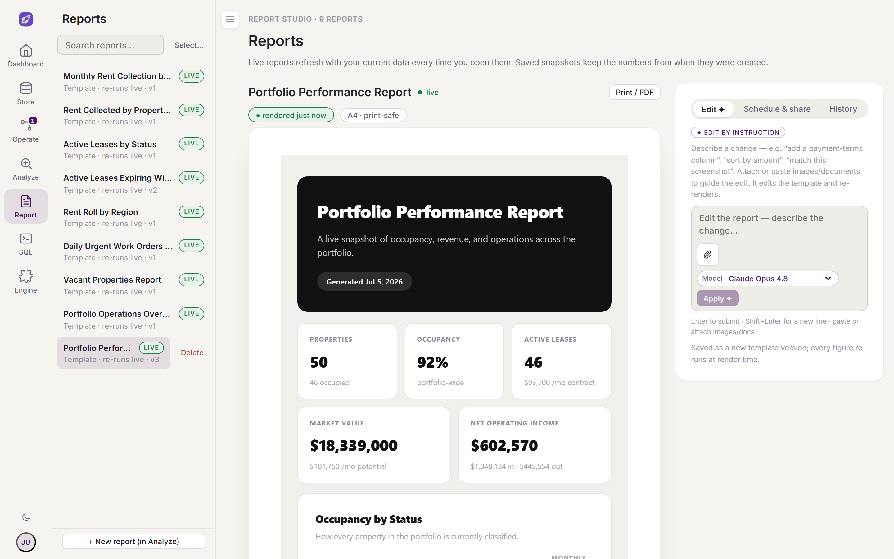 The Report feature: the Report Studio with a template gallery beside a live A4 print preview rendering from the business's own data.
