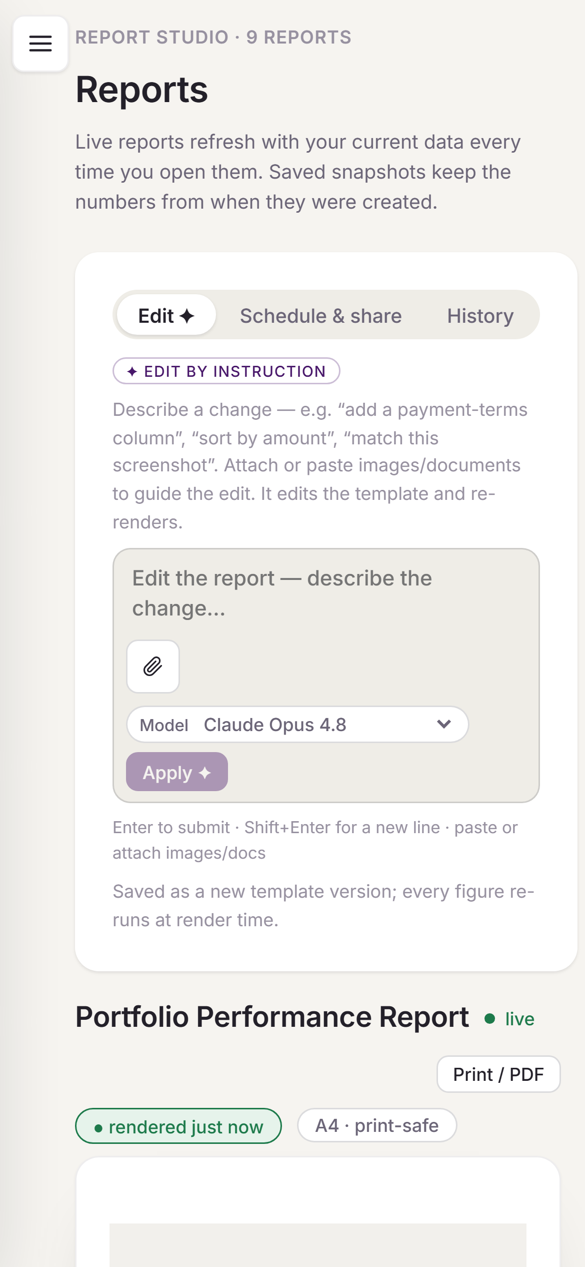The Report feature on a phone: a live report rendering from the business's own data, ready to read or send.
