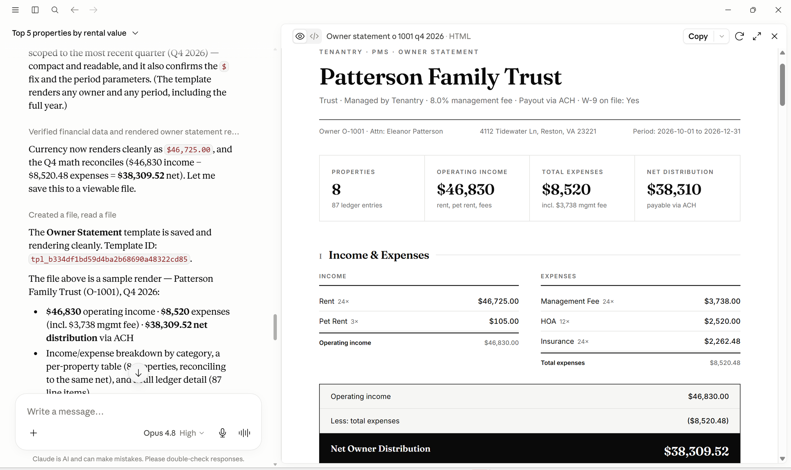 Claude Desktop connected to an InventDB database over MCP — it queried a property owner's ledger, reconciled the quarter, and rendered a clean owner statement with real totals.