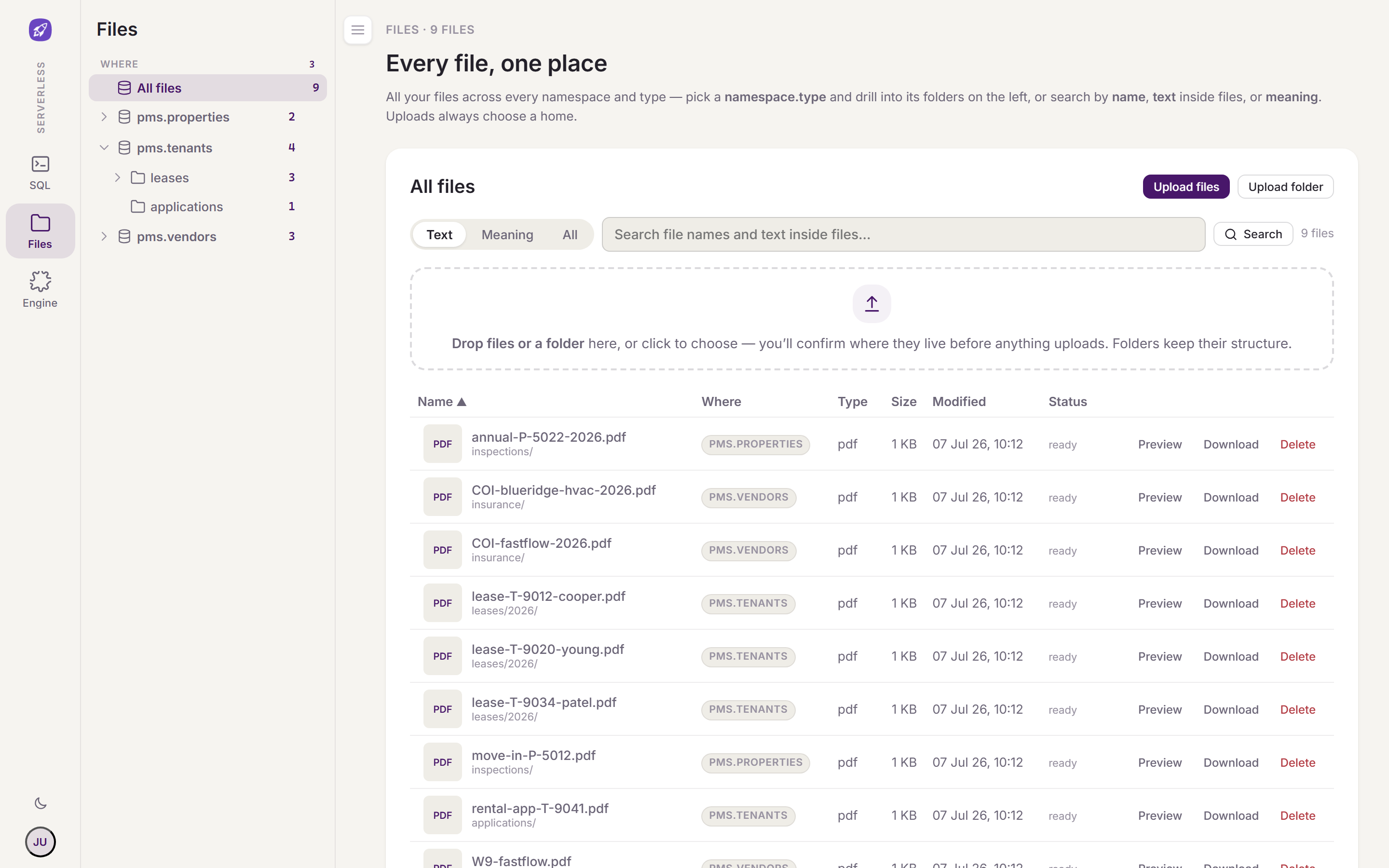 Files: a global drive across every namespace and type — a folder tree, a file grid showing each file's home, and search by name, by the text inside files, or by meaning over OCR'd documents.