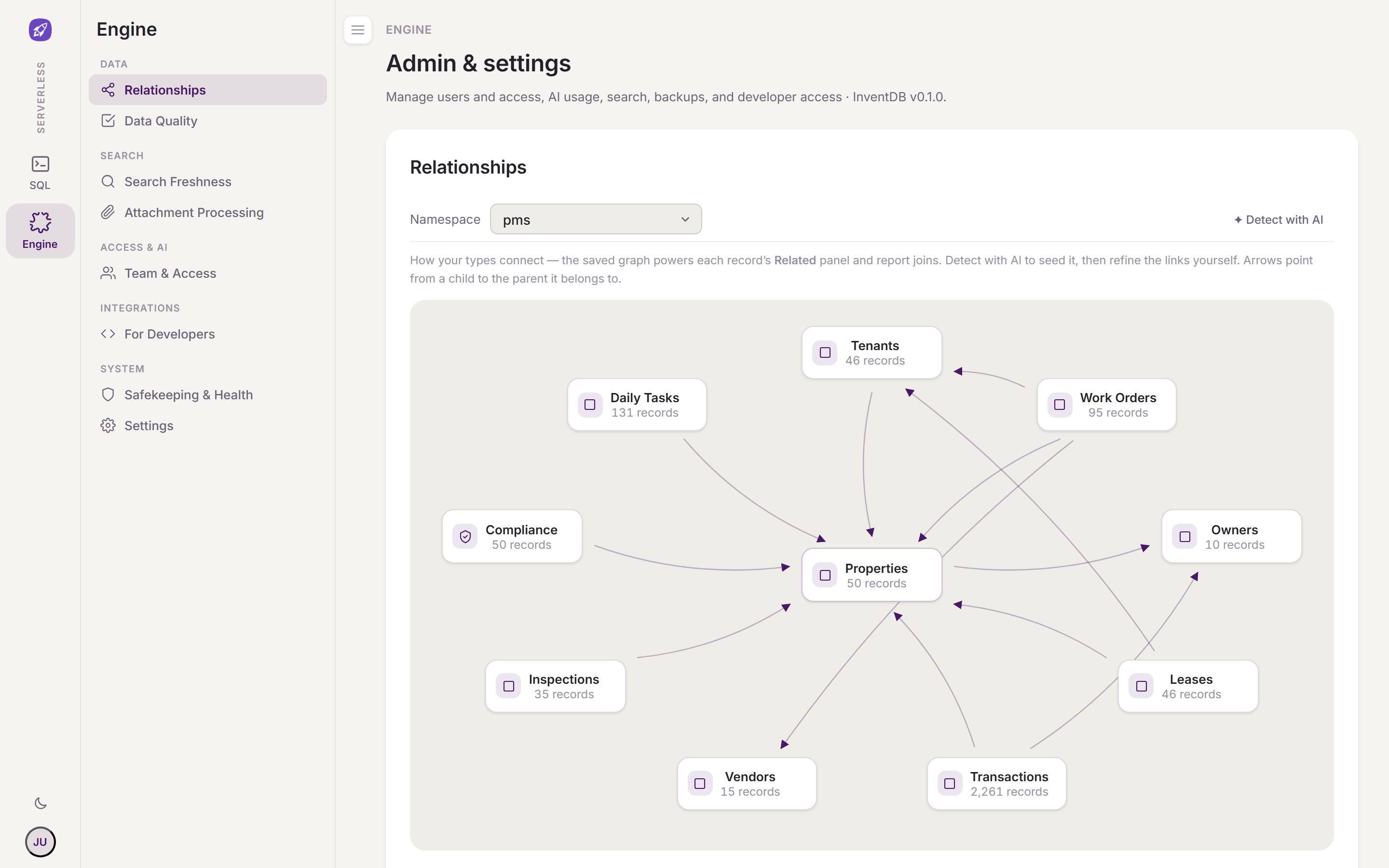 The Engine admin: Relationships, Data Quality, Search Freshness, Attachment Processing, Team and Access, For Developers, Safekeeping and Health, and Settings. No AI Budget, no Connections — AI-free.