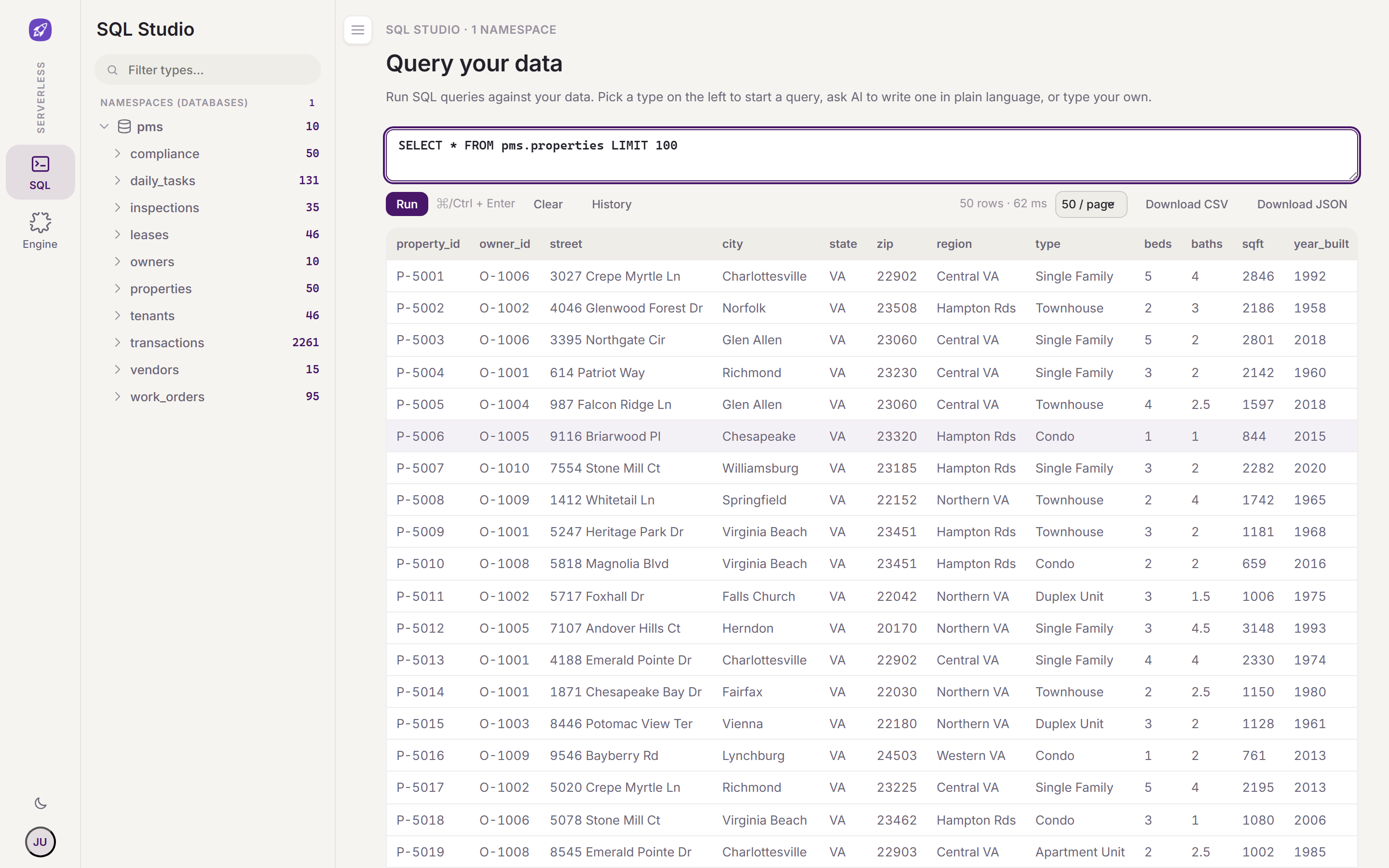 Serverless SQL Studio: a schema browser of namespaces, types and columns, a hand-written SQL editor and a results grid — running against one server, no AI.