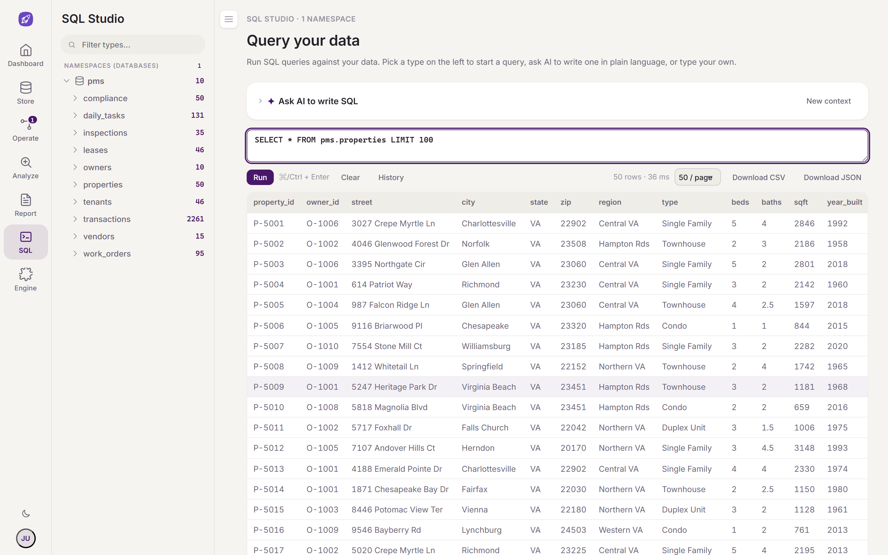 SQL Studio: a schema browser of namespaces, types and columns; an Ask-AI-to-write-SQL panel; the SQL editor; and a results grid with Download CSV / JSON.