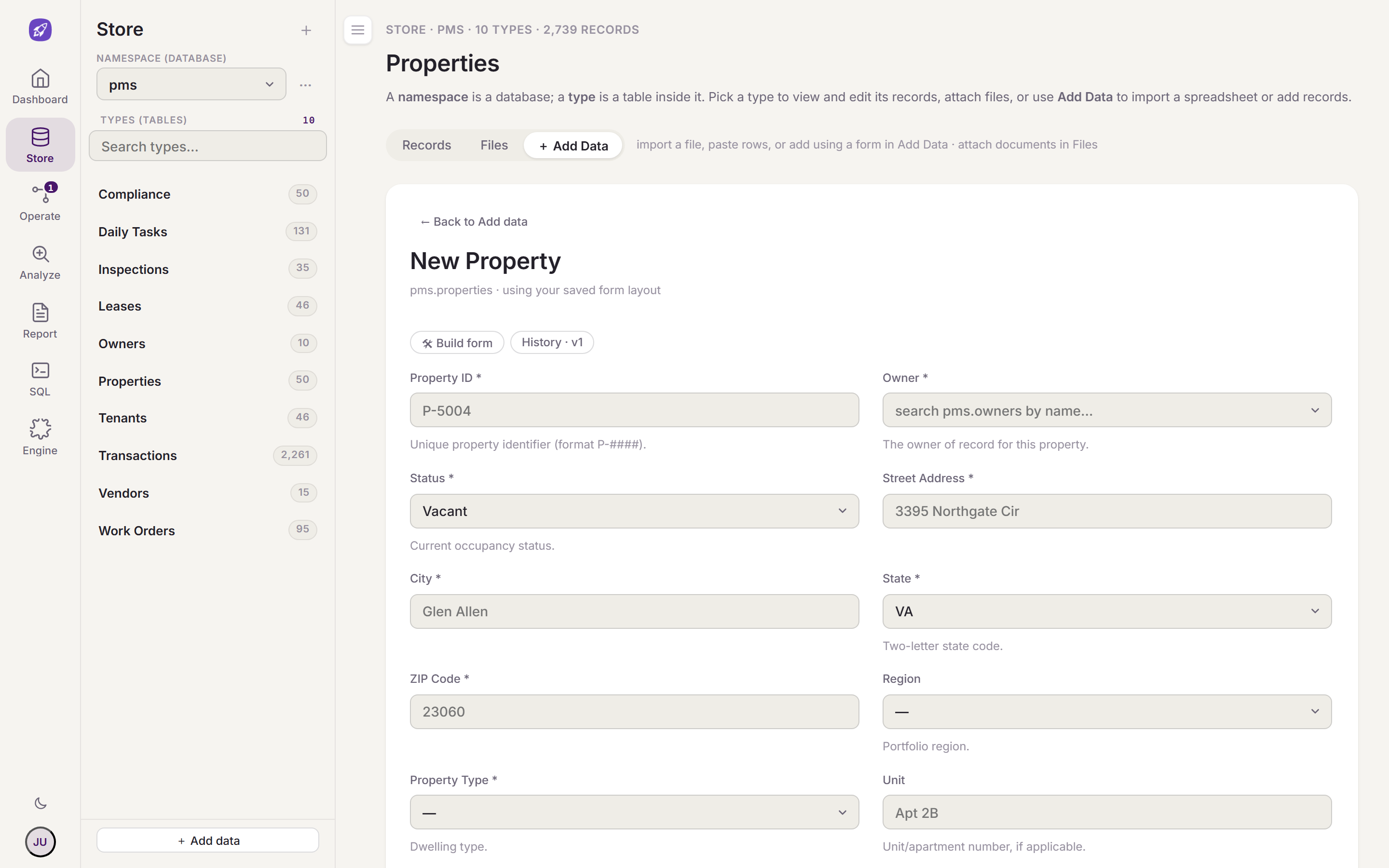 Store: a New Property data-entry form with a searchable Owner picker, status and property-type dropdowns, and validated fields — beside Types named in your own words.